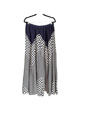 Blue Polka Dot Striped A-line Swing Maxi Skirt Sz M Preppy Vacay Resort Coastal